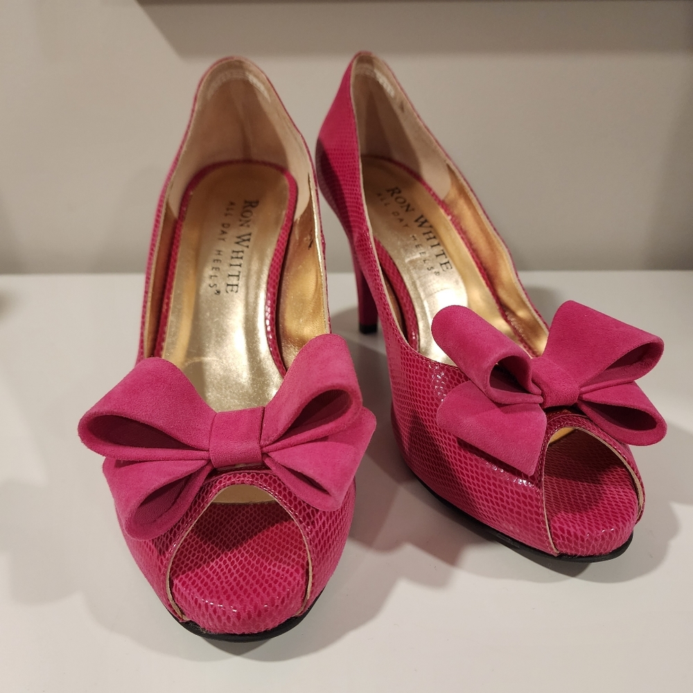 Ron White Pink Printed Leather Heels with Suede Bow